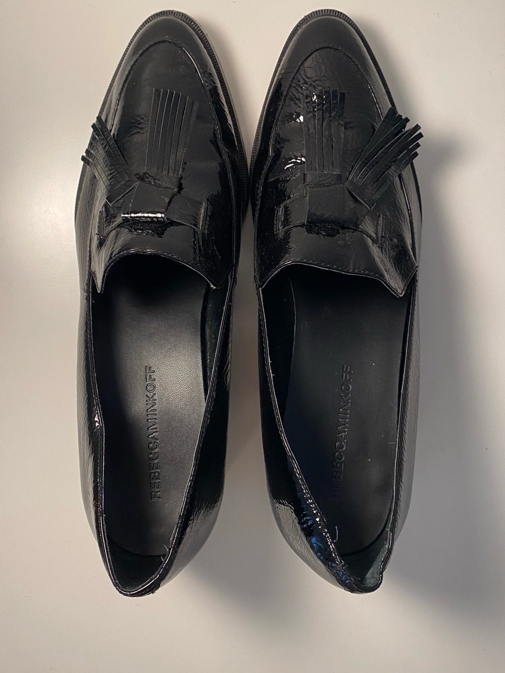 Rebecca Minkoff Black Patent Leather Tassel Heel Loafers Size 8